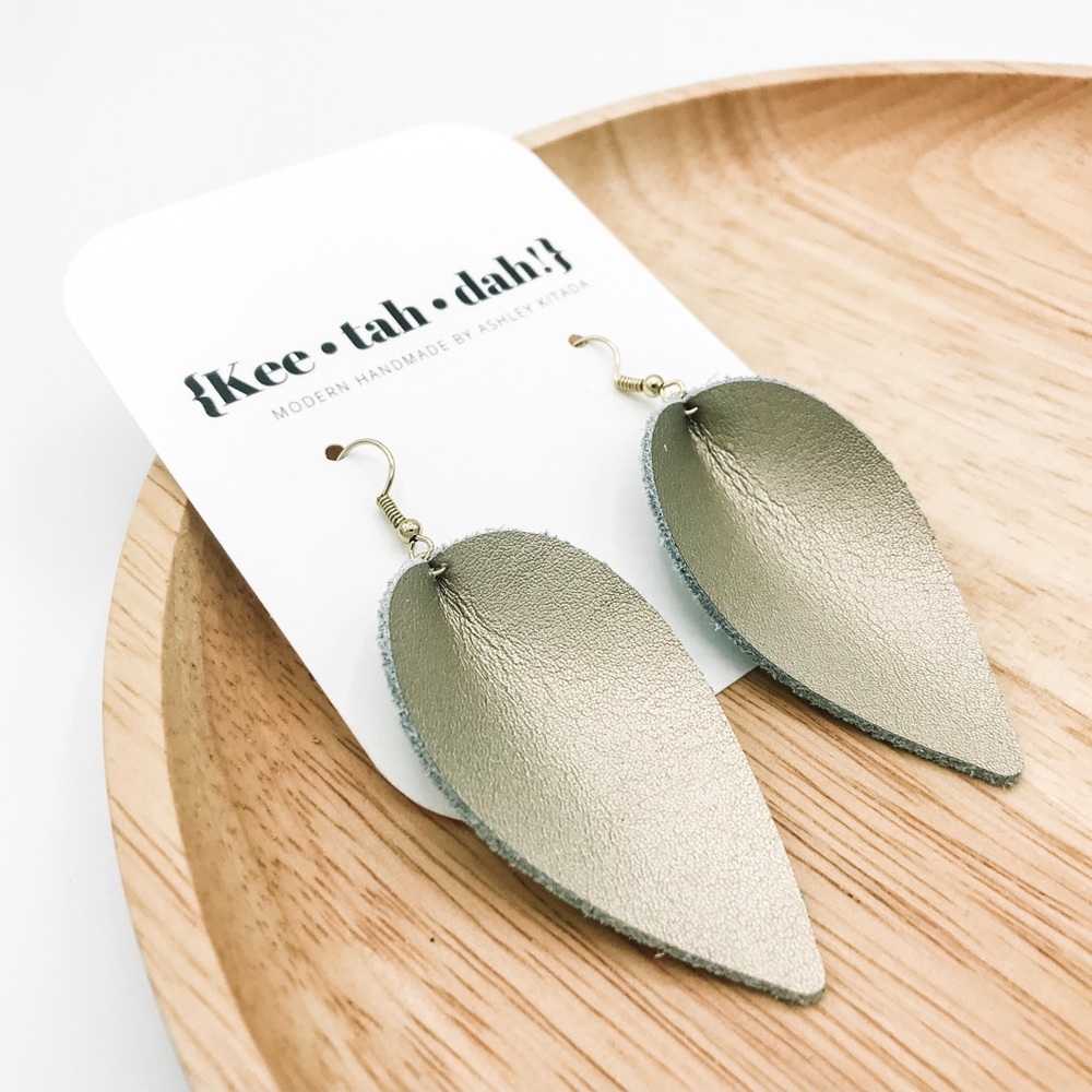 Gold Leather Earrings Folded Leaf Style
